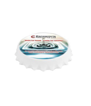 white fridge magnet shaped like a bottle cap with a full colour print to top