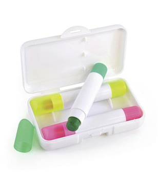 Highlighter Crayons in yellow, green and pink in a white case