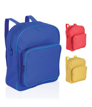 three kiddy rucksacks in red, blue and yellow
