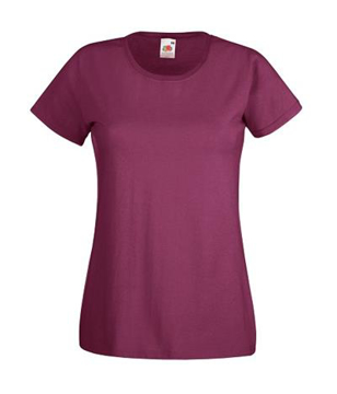 plum coloured ladies t-shirt in a valueweight cotton with a fruit of the loom label