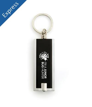 black keyring with an LED lid and a white logo to the front