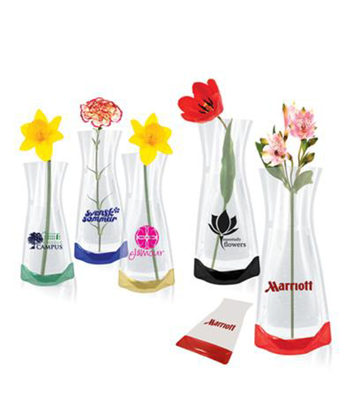 5 pop up vases with different coloured corporate branding and flowers in each vase