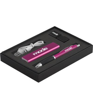 Power Bank Gift Set 2 with pink power bank and cable, pink ball pen and black USB stick with 1 colour logo on each and presented in a black box