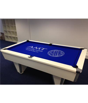 Rayleigh Pool Table in white with blue felt and 1 colour print logo