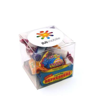 Small clear cube filled with a mix of retro sweets and personalised with a printed label