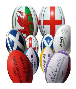 a selection of rugby balls in different textures with different branding options to each