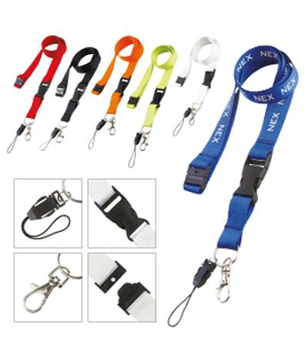 6 promotional lanyards in different colours with a black safety break and black safety breakaway connector
