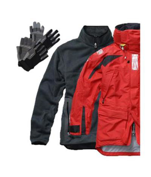 red sailing coat, black sailing coat and a set of gloves