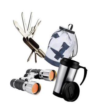 a set of silver and black binoculars a rucksack, a silver thermo cup and a swiss army knife