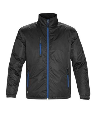 black stormtech jacket with a blue zip