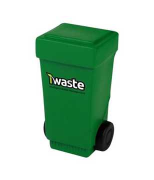 Green stress toy in the shape of a wheelie bin