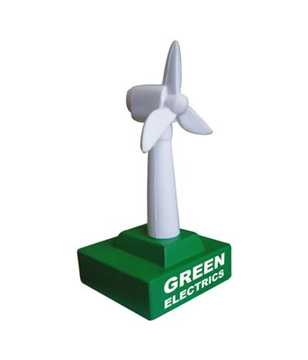 Stress toy in the shape of a wind turbine, with a branding panel on the base