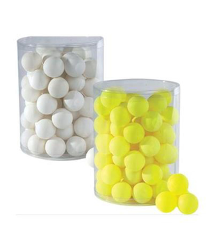 a plastic clear tub of white ping pong balls and another clear plastic tub of yellow ping pong balls