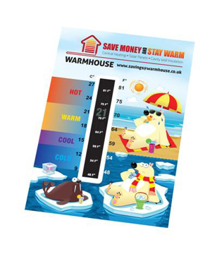 temperature gauge card with fun cartoon imagery indicating hot and cold