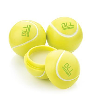 three tennis ball shaped lip balm pots with a 1 colour logo to the top