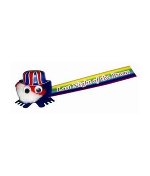 pom pom union jack logobug with a corporate branded ribbon attached
