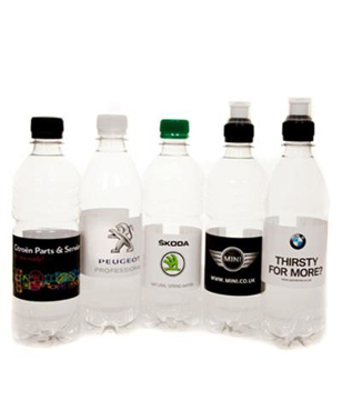 330ml bottles of water with personalised wrap around labels and different caps