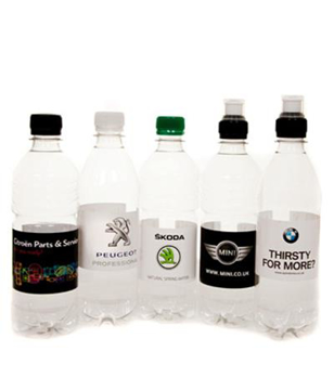 500ml bottles of water with personalised, branded labels
