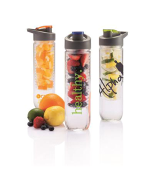 3 water bottles with fruit infusers and corporate branding
