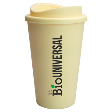 cream travel mug with2 colour eco branding 