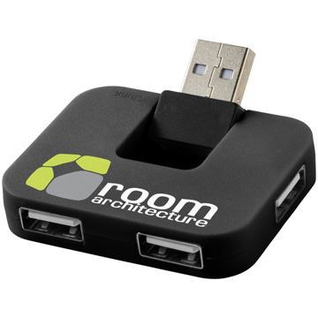 Promotional black rectangular USB hub printed with a company logo on the front