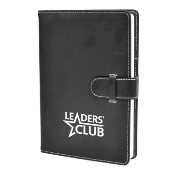 A5 gallery notebook in black with stitching around the edges and the close strap with 1 colour white print