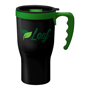 Promotional travel mug in black with green handle and lid trim