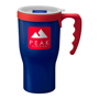350ml Navy travel mug with red handle with company logo printed for advertising