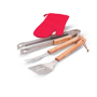 BBQ flip, tong and fork tools with a red oven mitt