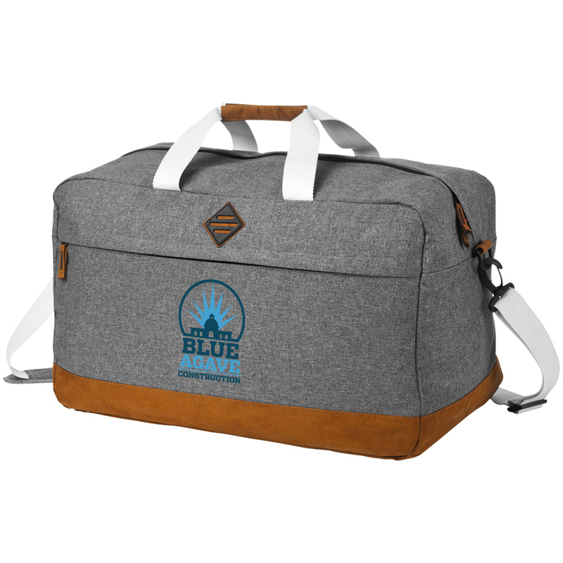 Branded travel bag in grey with a logo printed on the front zip comparment