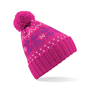 Fair Isle Snowstar Beanie in pink with bobble and white and purple colour pattern