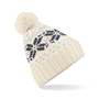 Fair Isle Snowstar Beanie in white with bobble and grey and black colour pattern