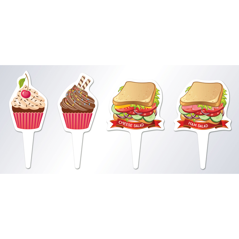 4 finger food flags with sandwich and cake designs