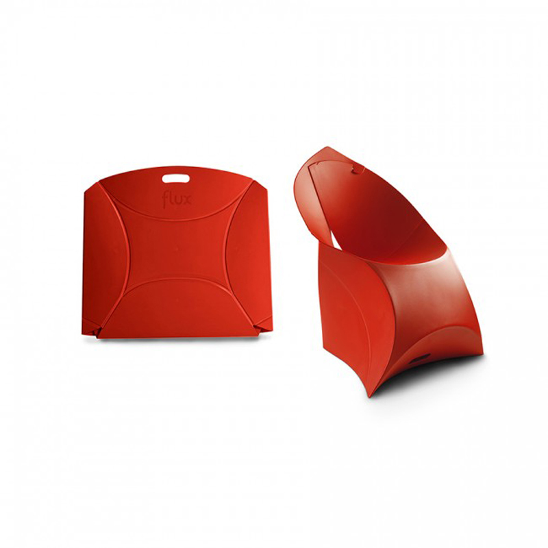 red popup flux chair with view flat packed and built