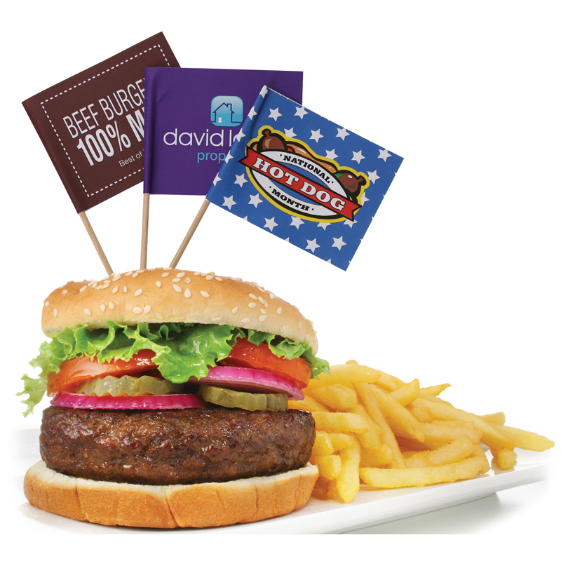 3 food pick flags with full colour designs in burger