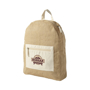 Jute backpack branded with a company logo printed on the front