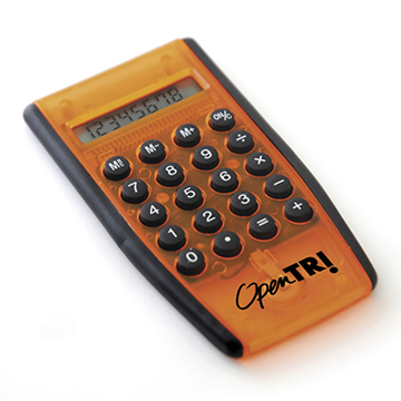 Small sized calculator with black buttons and a transparent orange outer casing