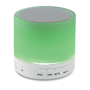 white round bluetooth speaker with green lightup base