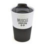 White reusable coffee tumbler with black silicone bottom half and matching black sliding lid.