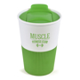 White take out mug with green silicone base and matching green sliding lid.