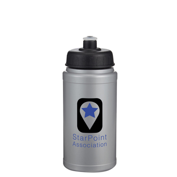 Silver 500ml sports bottle with black push pull lid and company logo printed on the front