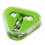 Green and white budget earphones in triangular case