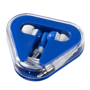 Budget earbuds in a brandable presentation case in blue and white