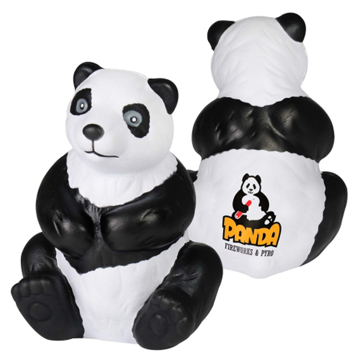 Panda shaped stress toy with a company logo printed onto the back