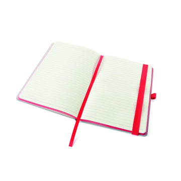 Open A5 PU ashurst notebook with lined paper, red coloured edge paper, elastic pen loop and closure strap