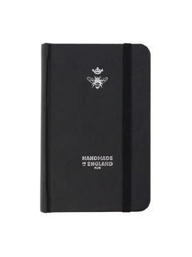 Will Bees Pocket Notebook in black with black elastic closure strap and silver embossed logo