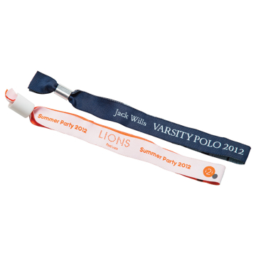 Event Wristband in navy with 1 colour logo and orange and white with 2 colour logo