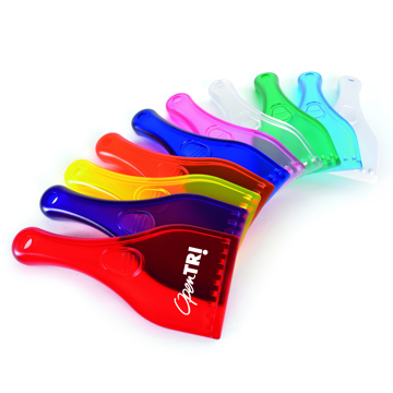 group photo of the ice scraper with handle in different colour with a 1 colour print to the front