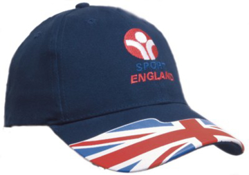 baseball cap with a corporate logo to the front and a union jack on the peak