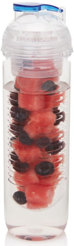clear water bottle with blue flip top and fruit filled fruit infuser